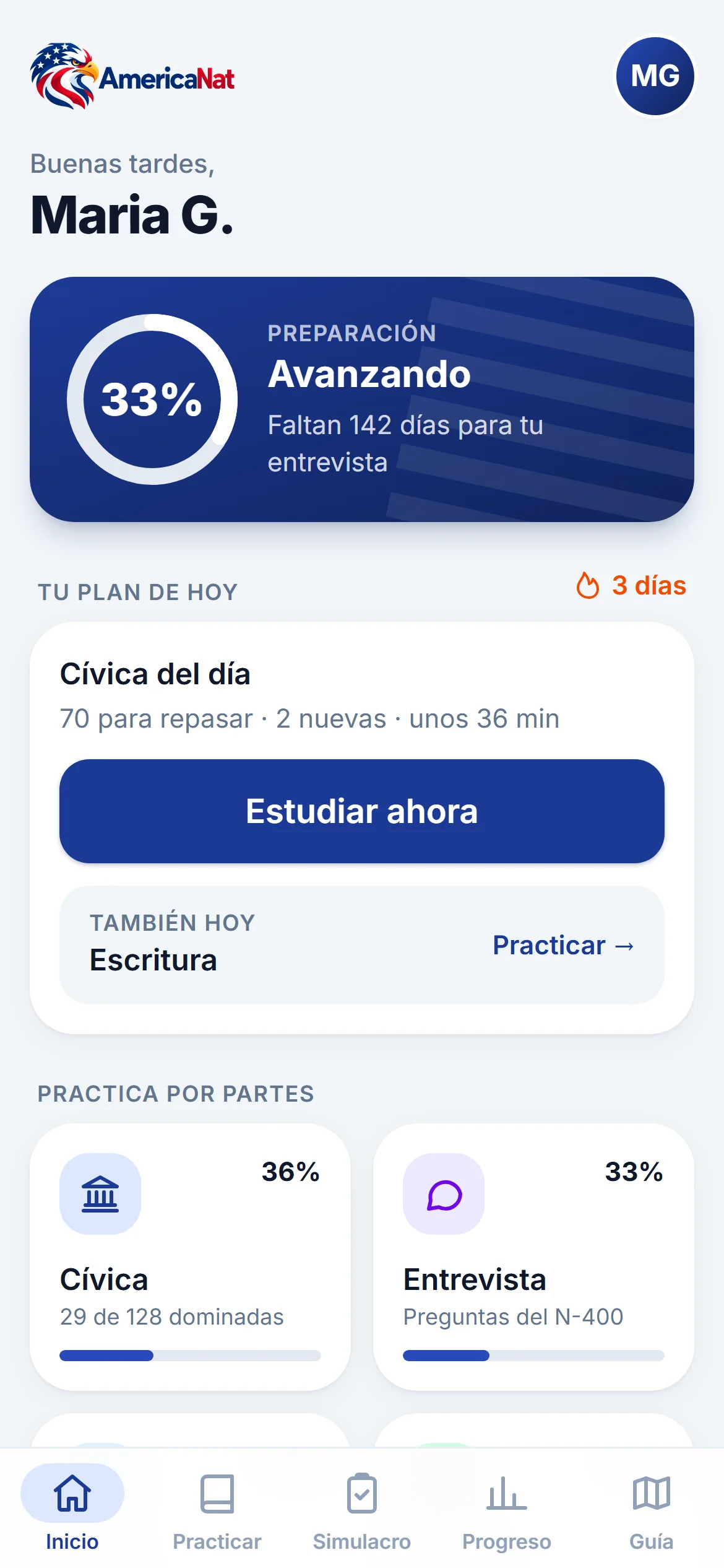 Pantalla de inicio de AmericaNat con el porcentaje de preparación y el plan del día
