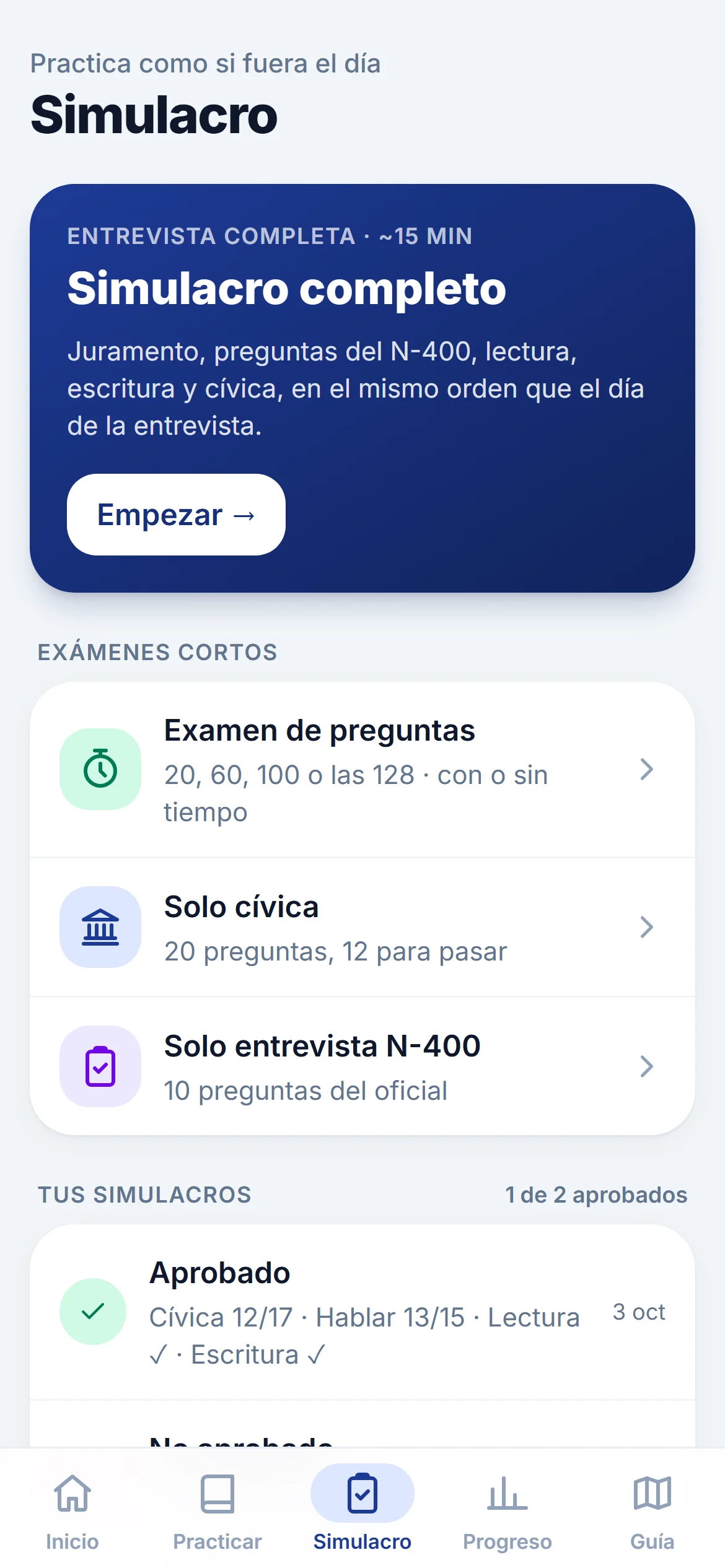 Pantalla de simulacro completo de la entrevista